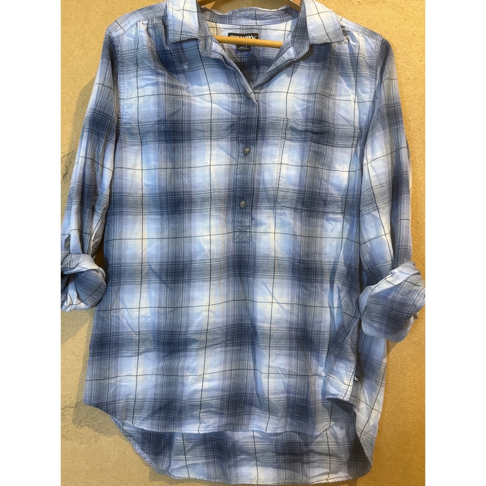 Eddie Bauer Womens Large Blue Plaid Roll Tab Sleeve Cotton Pullover Shirt Tunic